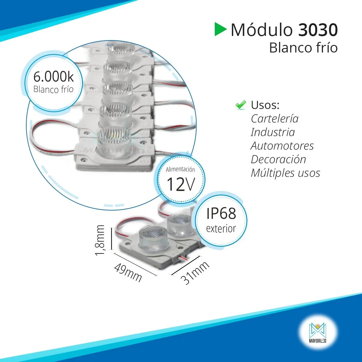 Módulos LED 3030 con lupa X100 12V IP68 - Image 3