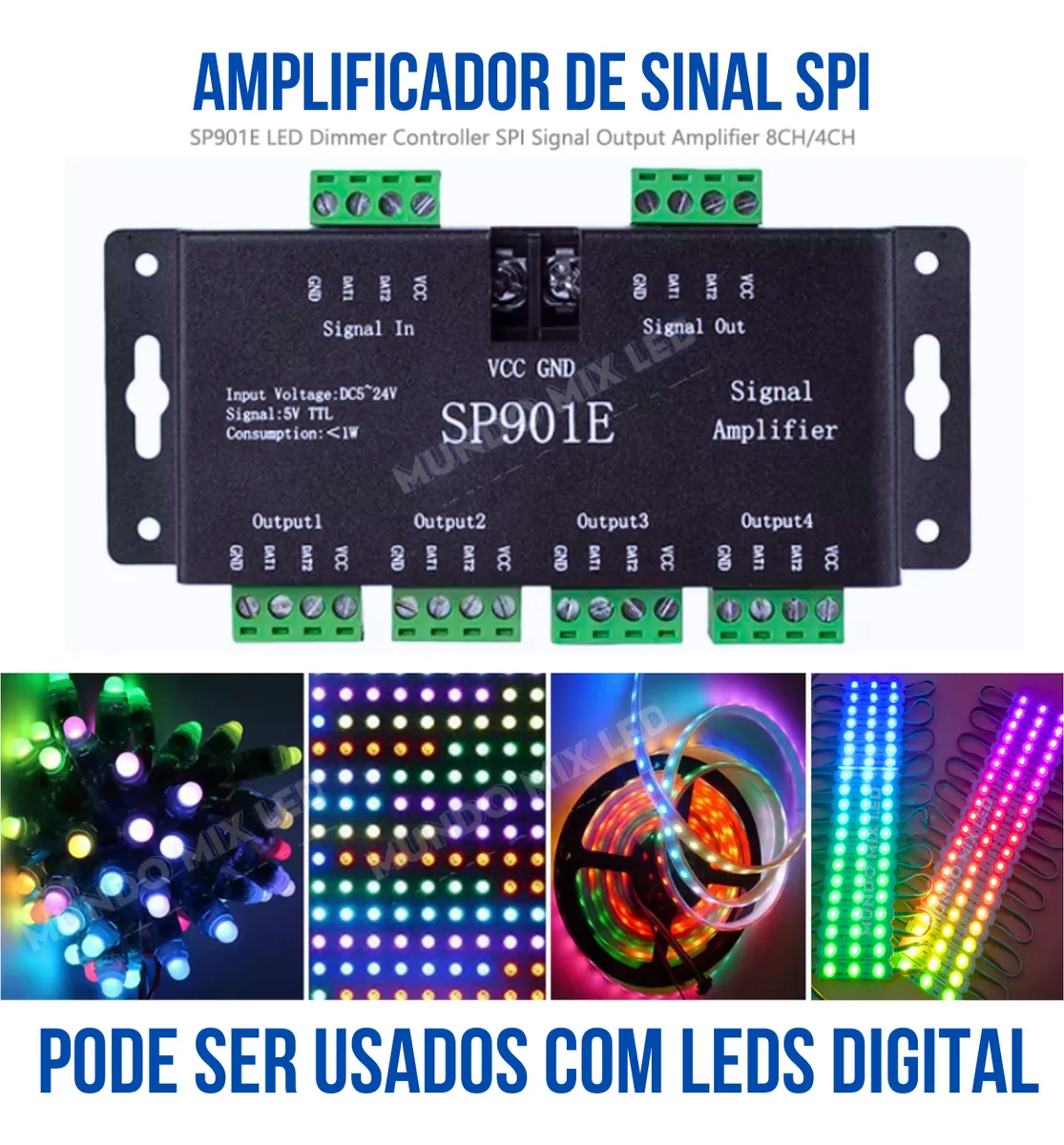 Amplificador De Señal SP901E SPI p/ Tira RGB Píxel LED 5–24V