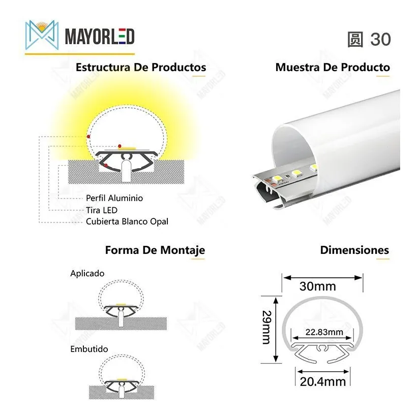 Perfil Aluminio para tira LED P30 Redondo 2m - Image 3