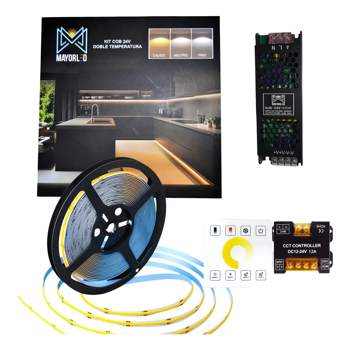 Kit Tira LED COB Doble Temperatura 24V 10m 576 LED/m + Fuente + Controlador