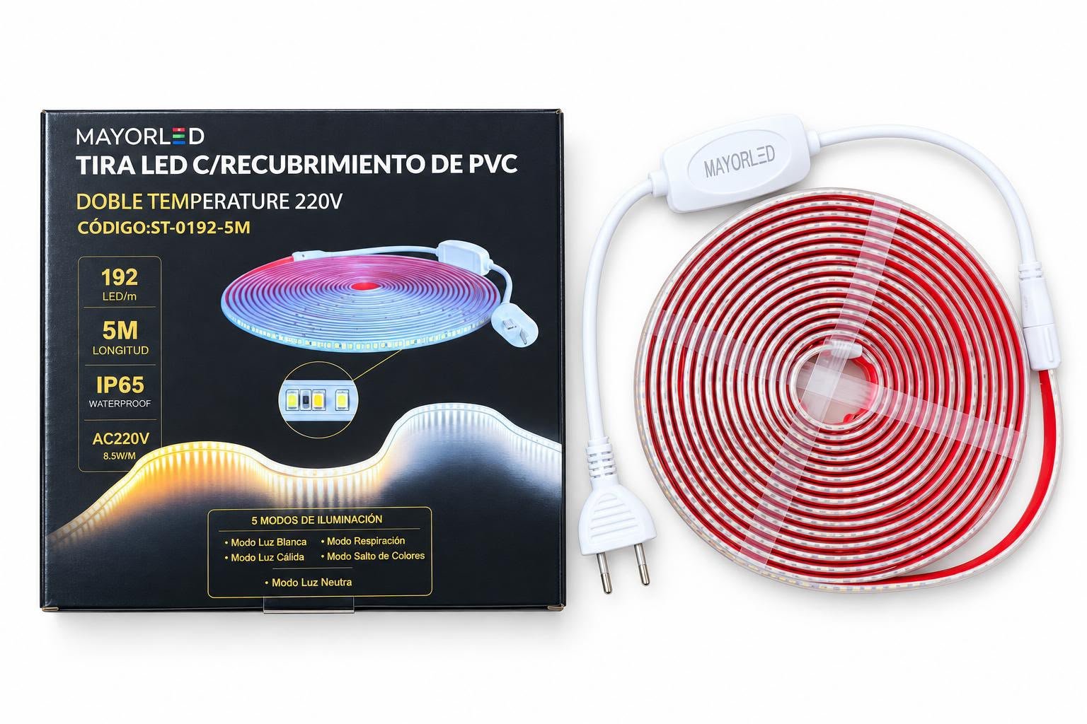 Tira LED c/ Recubrimiento PVC Doble Temperatura 220V 5m IP65 – 192 LED/m