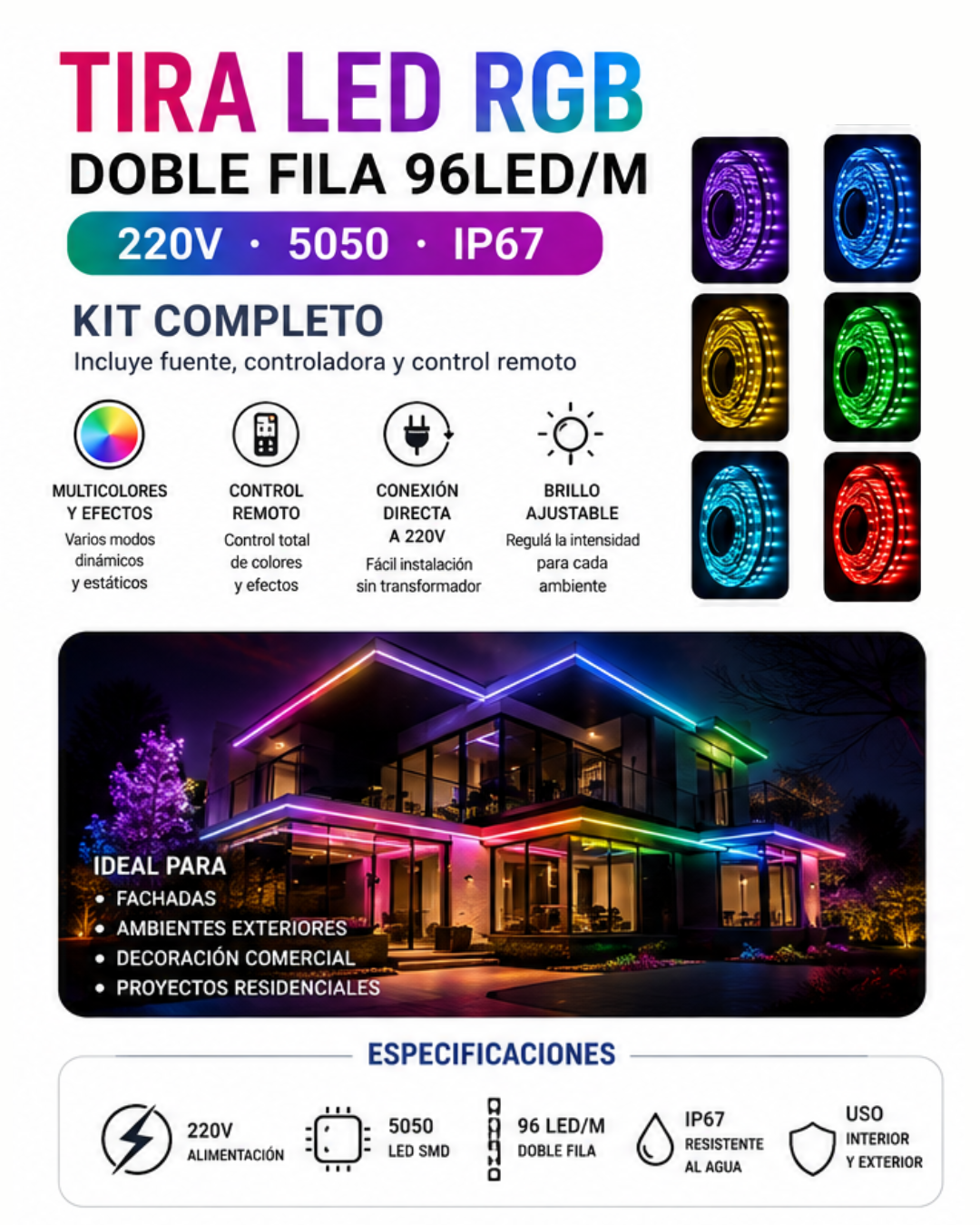 KIT Tira LED RGB Doble Fila 96 led/m 5050 IP67 220V - Image 2